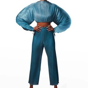cult gaia Teal Pleated Plisse Stacie Pants and Mala Top SOLD AS A SET